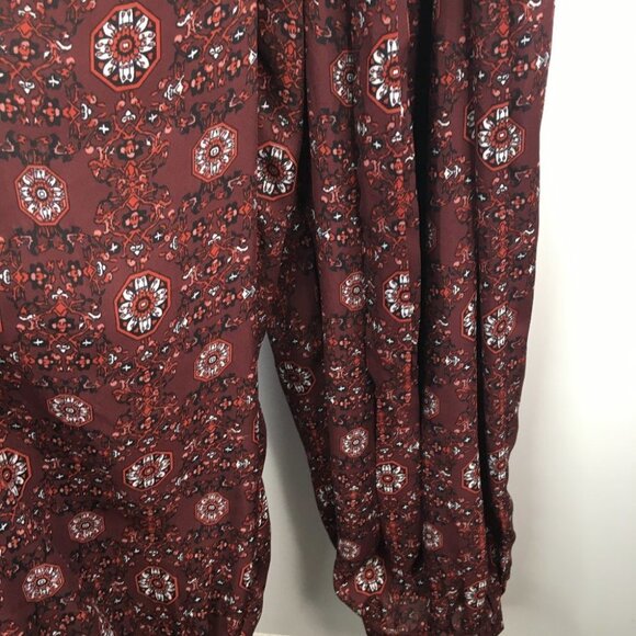 Cozy Casual Burgundy Print Jumpsuit Button Down - Picture 2 of 9
